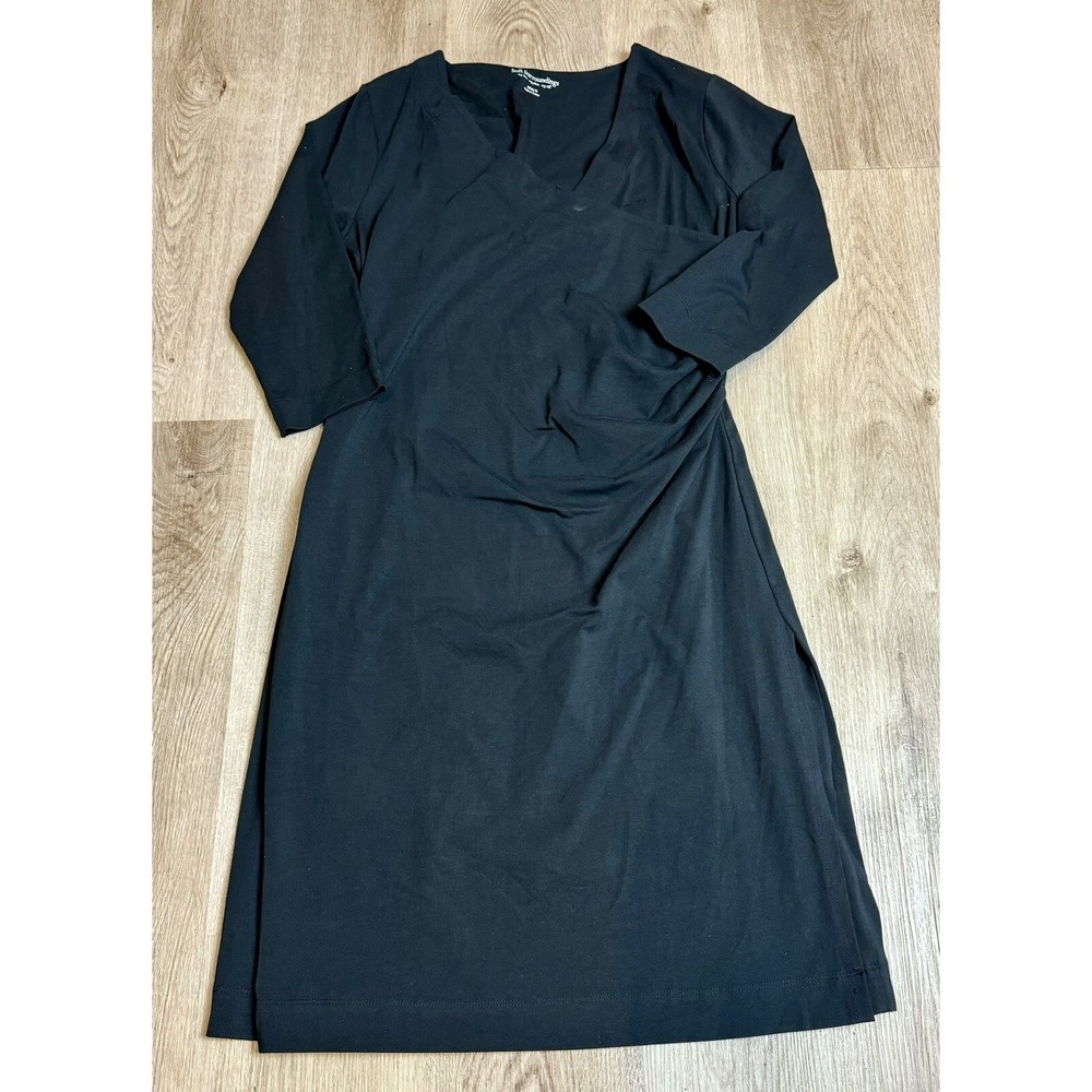 Soft Surroundings Black Dress Missy M V Neck 3/4 Sleeve Ruched‎ Casual